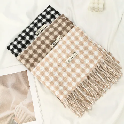 Winter Thickened Plaid Scarf For Women Vintage Elegant Fringe Shawl Warm Polyester Knitted Scarf Soft Neck Warmer Wrap