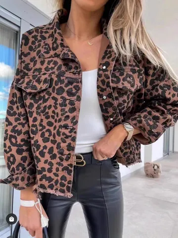 Γυναικείο Casual Leopard Print Τζιν Τζακέτα Μακριά Μανίκια Κοντό Φαρδύ Street Style Γιακάς Μονοπέρτο