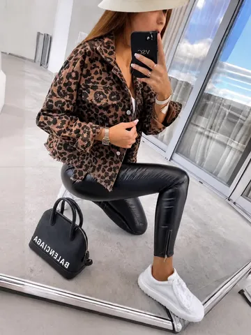 Γυναικείο Casual Leopard Print Τζιν Τζακέτα Μακριά Μανίκια Κοντό Φαρδύ Street Style Γιακάς Μονοπέρτο