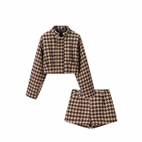 Vrouwen Mode Hondentand Blazer Jas En Shorts Top En Bodem Lange Mouw Casual Chique Kantoor Dame Outfit