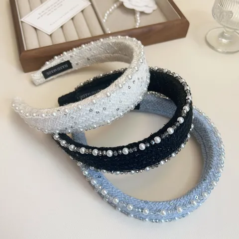 Diadema Chic de Tweed Hecha a Mano Diadema Nudosa Con Perlas Artificiales Y Strass Elegantes Accesorios de Pelo para Mujeres