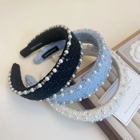 Diadema Chic de Tweed Hecha a Mano Diadema Nudosa Con Perlas Artificiales Y Strass Elegantes Accesorios de Pelo para Mujeres