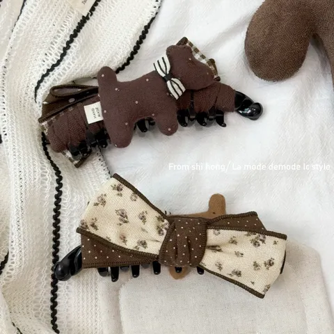 Handmade Fabric Dachshund Dog Bow Banana Hair Clip For Women Cute Animal Floral Polka Dot Gingham Shark Clip Hair Accessories