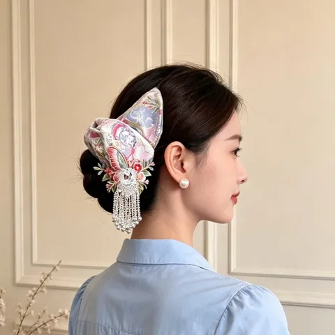 Pinza de Pelo de Bordado Floral Estilo Chino Rosa Tela Étnica Tocado Con Borla de Plata Accesorios para El Cabello para Mujeres Niños
