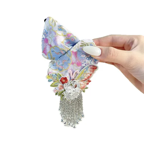 Pinza de Pelo de Bordado Floral Estilo Chino Rosa Tela Étnica Tocado Con Borla de Plata Accesorios para El Cabello para Mujeres Niños