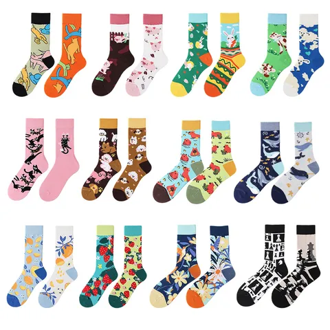 Unisex Asymmetrical Crew Socks Trendy Colorblock Cotton Blend Casual Fashion Streetwear Socks For Men And Women