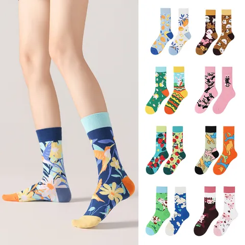 Unisex Asymmetrical Crew Socks Trendy Colorblock Cotton Blend Casual Fashion Streetwear Socks For Men And Women