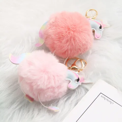 Cute Plush Unicorn Pom Pom Keychain Soft Faux Fur Animal Bag Charm Pendant Car Key Ring Holder Fashion Accessories Gift