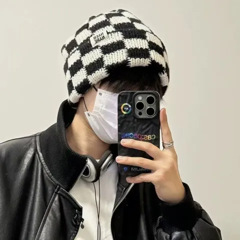 Korean Style Checkerboard Knit Beanie Hat For Women Winter Warm Windproof Color Block Casual Fashion Pullover Cap