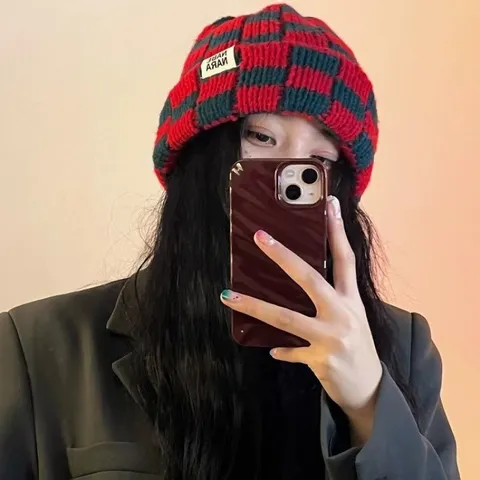 Korean Style Checkerboard Knit Beanie Hat For Women Winter Warm Windproof Color Block Casual Fashion Pullover Cap