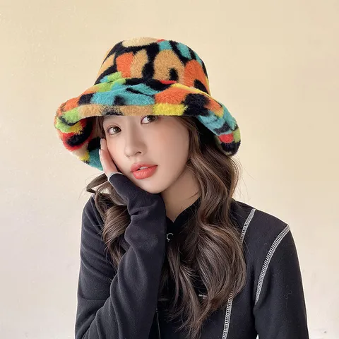 Women's Winter Warm Plush Bucket Hat Thickened Colorblock Camouflage Stripe Fashion Casual Outdoor Basin Hat