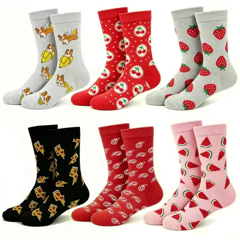 Unisex Mid-Calf Cotton Blend Socks Casual Fashion Printed Retro Paisley Pizza Cherry Corgi Watermelon Socks