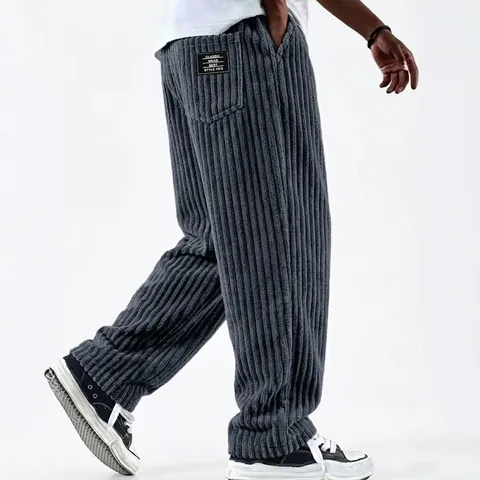 Herren Amerikanischer Vintage Gestreifter Cord Freizeithose Lose Gerade Kordelzug Hose