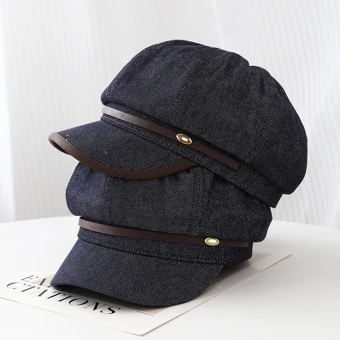 Vintage Denim Oktogon Hut Für Damen Britischer Stil Newsboy Mütze Retro Baumwolle Baker Boy Hut Modische Maler Baskenmütze Frühling Herbst