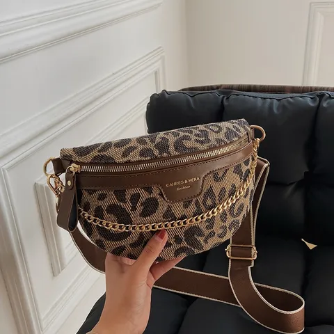 Sac de Poitrine Chaîne Imprimé Léopard Pied-de-poule Femmes Sac Bandoulière Cuir PU Sac Banane Quotidien Décontracté