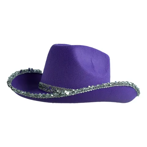 Western Cowboy Hat With Silver Sequin Trim Glitter Polyester Felt Wide Brim Fedora Hat For Halloween Christmas Party Costume Accessory