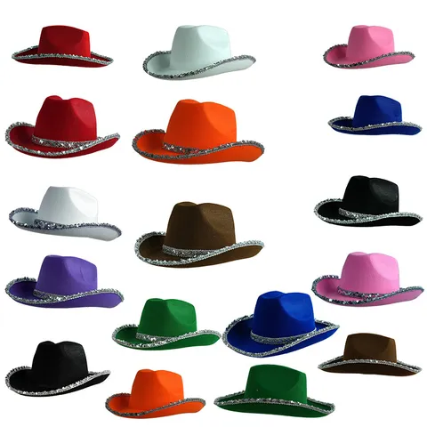 Vintage Western Cowboy Hat Polyester Felt Sequin Trim Large Brim Hat For Halloween Christmas Party Retro Costume Accessory Unisex