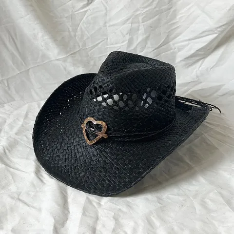 Handmade Woven Paper Straw Cowboy Hat Women Sun Protection Beach Hat With Coconut Shell Heart Buckle Rolled Brim
