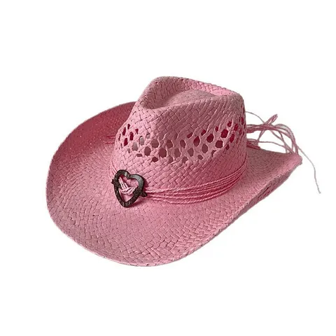 Handmade Woven Paper Straw Cowboy Hat Women Sun Protection Beach Hat With Coconut Shell Heart Buckle Rolled Brim