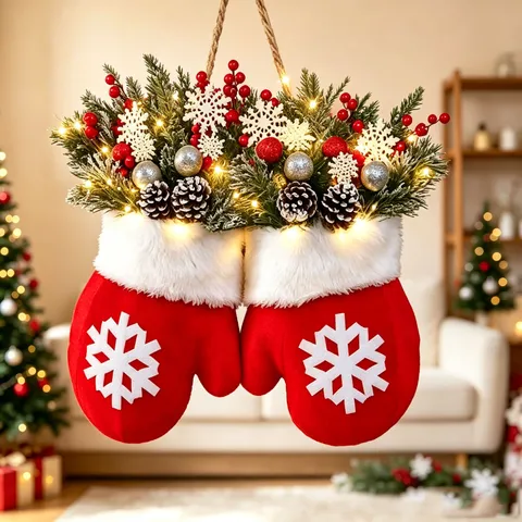 Decoración Colgante de Puerta de Guante de Navidad Con Luces LED Piñas Bayas Rojas Colgante Colgante de Ventana de Vacaciones de Peluche