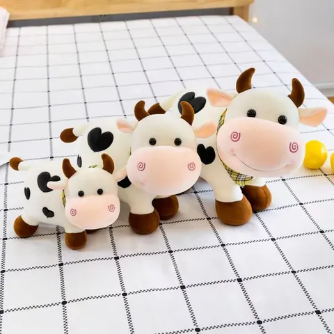 Joli Jouet en Peluche Vache Animal en Peluche Doux Dessin Animé Veau Poupée Avec Écharpe à Carreaux Cadeau d'Anniversaire Enfant Décoration