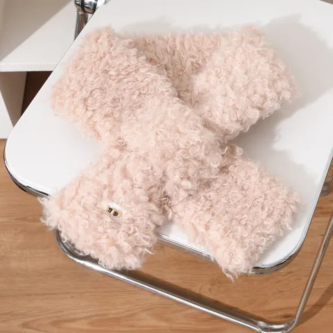 Women Plush Scarf Teddy Velvet Faux Lamb Wool Neck Warmer Winter Thick Warm Cross Neck Protector Korean Versatile Scarf