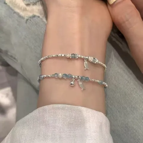 Topacio Azul Shuisiyin Perla Natural Pequeño Pez Pulsera Mujeres Nicho Lujo Aleación Joya