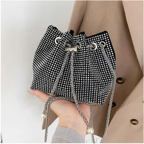 Women Rhinestone Drawstring Bucket Bag Luxury Evening Crossbody Bag Small Versatile Bright Diamond Chain Handbag