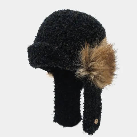 Unisex Winter Warme Uschanka Kunstfell Bommel Fliegermütze Gestricktes Bouclé-Garn Ohrenklappen Bombermütze Koreanischer Stil Kaltes Wetter Mütze