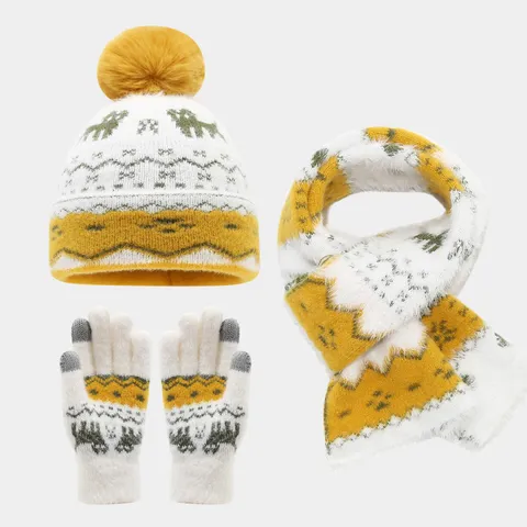 Kinder Weihnachten Schneeflocke Elch Jacquard Strickmütze Schal Handschuhe Set Winter Verdickt Warm Fleece Gefüttert Strickwaren