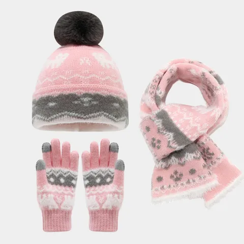 Kinder Weihnachten Schneeflocke Elch Jacquard Strickmütze Schal Handschuhe Set Winter Verdickt Warm Fleece Gefüttert Strickwaren