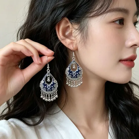 Pendientes de Borla de Cristales de Estilo Étnico Retro de Aleación con Strass para Mujeres Joyería de Moda