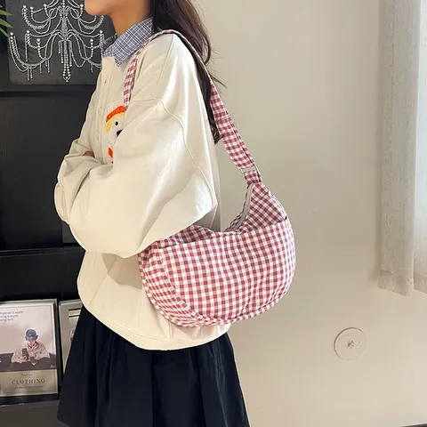 Sac à Bandoulière à Carreaux Style Coréen pour Femmes Grande Capacité Sac Vintage Tissu Oxford Croissant Sac Sous les Aisselles Décontracté Motif Vichy