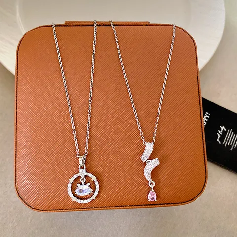 Copper Gold Plated Zirconia Pendant Necklace For Women Elegant Wave Pink Water Drop Cat Shape Clavicle Chain Jewelry Gift