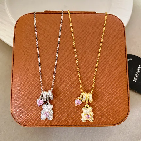 Teddy Bear Heart Pendant Necklace Copper Gold Silver Plated Rhinestone Jewelry Sweet Delicate Charm Necklace For Women Gift Everyday