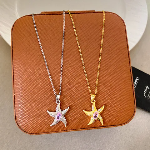 Luxury Copper Zirconia Starfish Pendant Necklace For Women Marine Style Gold Silver Plated Clavicle Chain Jewelry Gift