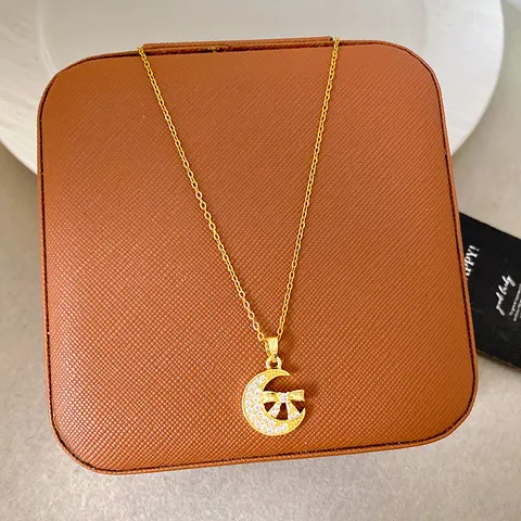 Copper Plated Gold Silver Moon Bow Pendant Necklace Micro Pave Rhinestone Elegant Necklace For Women Fashion Daily Jewelry Gift