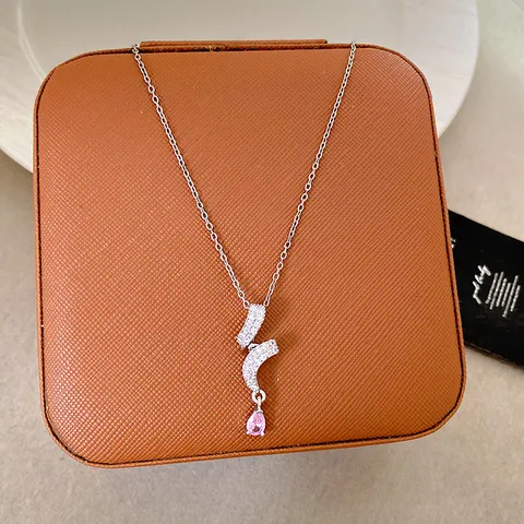 Copper Gold Plated Zirconia Pendant Necklace For Women Elegant Wave Pink Water Drop Cat Shape Clavicle Chain Jewelry Gift