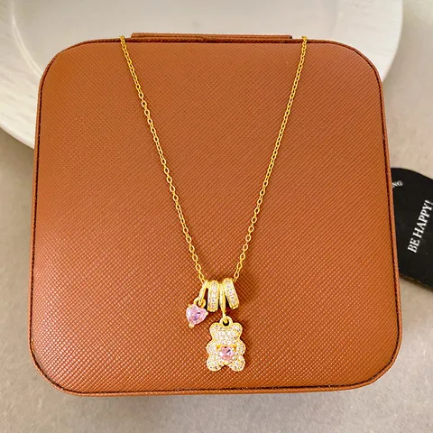 Teddy Bear Heart Pendant Necklace Copper Gold Silver Plated Rhinestone Jewelry Sweet Delicate Charm Necklace For Women Gift Everyday