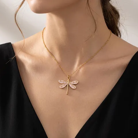 18K Gold Plated Stainless Steel Dragonfly Pendant Necklace Korean Fashion Drip Oil Clavicle Chain Jewelry Gift