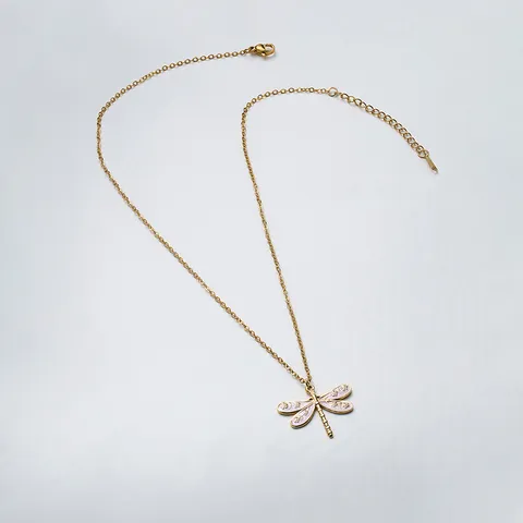 18K Gold Plated Stainless Steel Dragonfly Pendant Necklace Korean Fashion Drip Oil Clavicle Chain Jewelry Gift