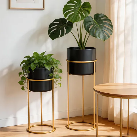 Nordic Iron Art Flower Stand Indoor Floor Standing Plant Pot Holder Gold Metal Living Room Balcony Decor