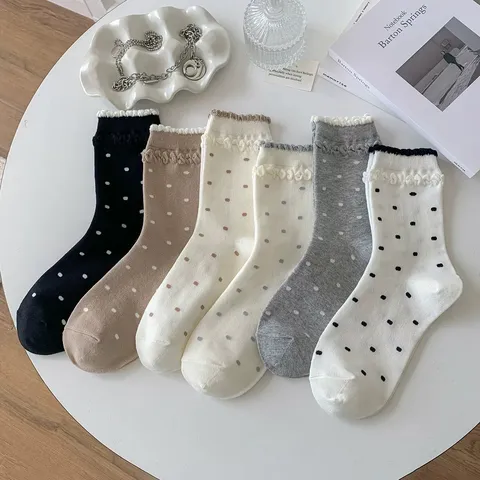 Calcetines de Media Pantorrilla de Algodón Estilo Preppy para Mujer Dulces Topos Doble Volante Lindos Calcetines Casuales