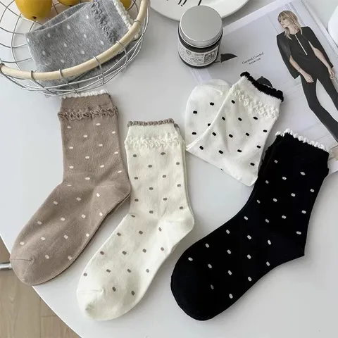 Calcetines de Media Pantorrilla de Algodón Estilo Preppy para Mujer Dulces Topos Doble Volante Lindos Calcetines Casuales