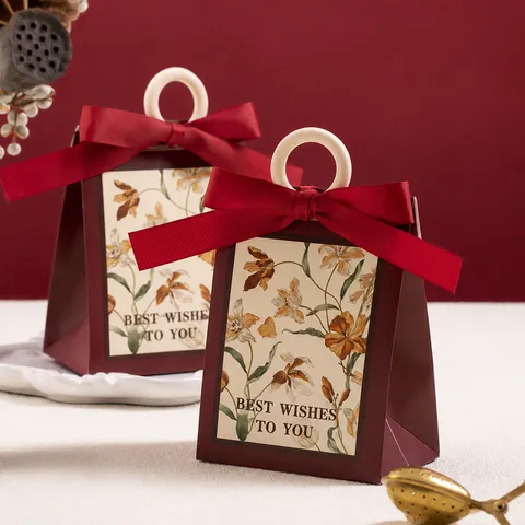 Wedding Candy Box Paper Gift Box Floral Pattern With Wooden Ring And Ribbon Favor Packaging Party Supplies
