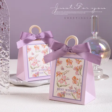 Wedding Candy Box Paper Gift Box Floral Pattern With Wooden Ring And Ribbon Favor Packaging Party Supplies