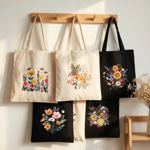 DIY Embroidery Kit Canvas Tote Bag Cotton Polyester Blend Botanical Floral Pattern Shoulder Bag Craft Kit Starter Set