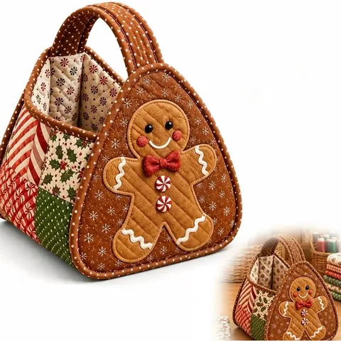 Christmas DIY Quilted Tote Basket Handmade Festive Storage Organizer With Cartoon Holiday Design For Home Decor