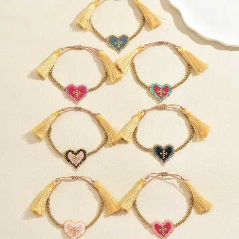 Bracciale Intrecciato a Mano con Perline Miyuki Cuore e Croce Bracciale Regolabile in Acciaio Inossidabile con Nappina Donna Gioielli