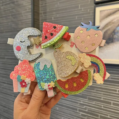 Bambini Carino Feltro Cartone Animato Frutta Stella Sole Fermagli Lato Glitter Accessori Capelli Piccole Ragazze Frangia Styling